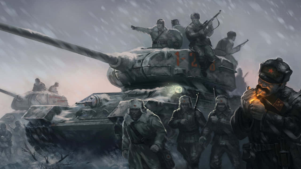 以《英雄連隊2》點亮你的遊戲之夜！ 壁紙 — 身穿冬季裝備的士兵在灰濛濛的天空下，伴隨著被雪覆蓋的坦克，在飄雪中前進。