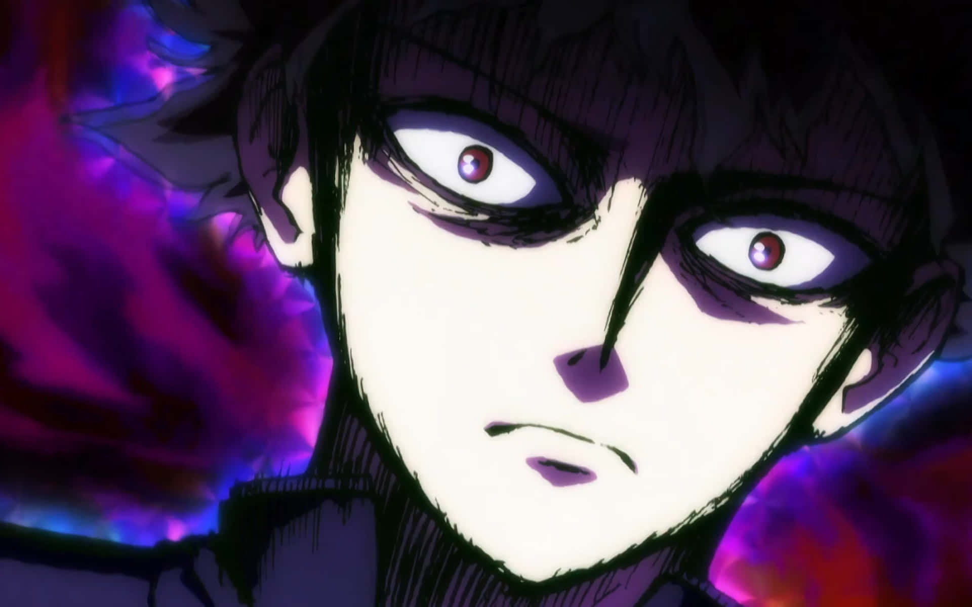 動漫角色，擁有發光的眼睛和深色頭髮，背景是充滿活力的紫色和藍色能量。