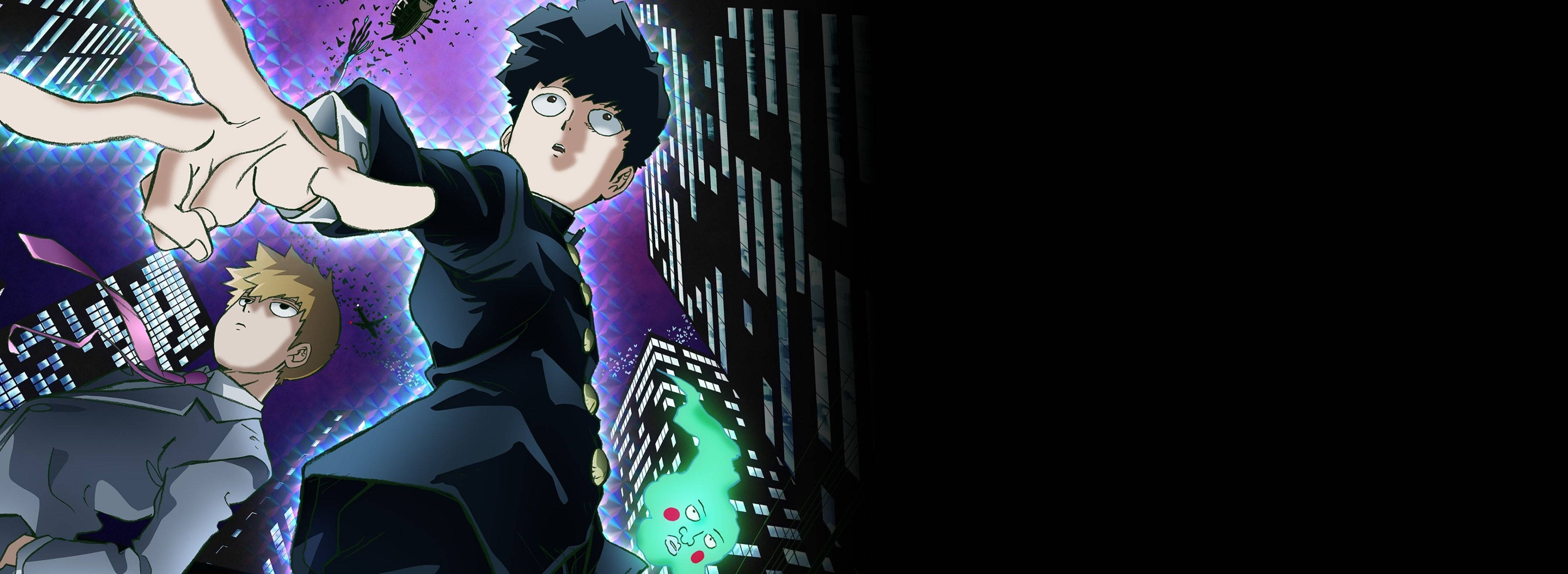 「以《靈能百分百》的力量衝破現實的牆壁！」 壁紙 — 兩個動畫男孩在充滿霓虹燈的城市景觀中，進行動態城市戰鬥場景，帶有發光能量效果。