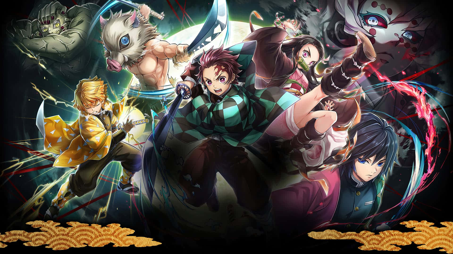 動漫角色在黑暗奇幻背景下，用發光的劍和能量對抗惡魔敵人。