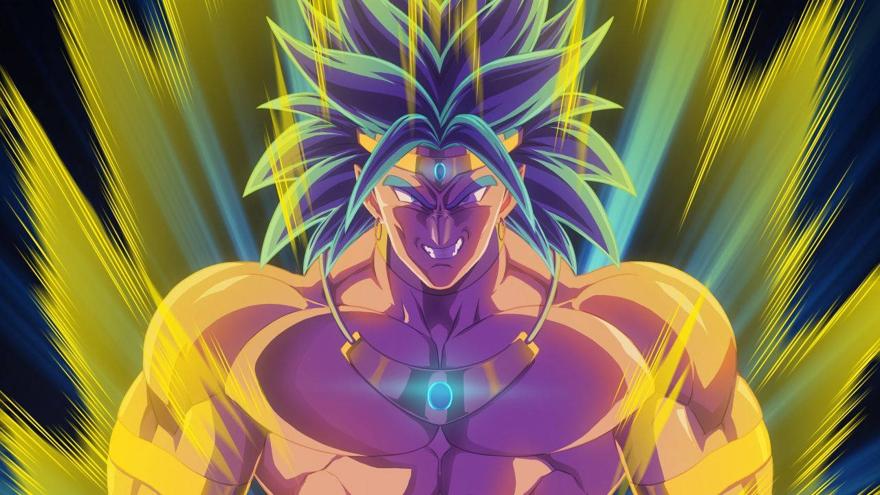 以《龍珠超：布羅利》釋放你內在的力量 壁紙 — 一個強大的動漫戰士，擁有尖刺的紫色和綠色頭髮，在動態爆發中散發出金色能量。