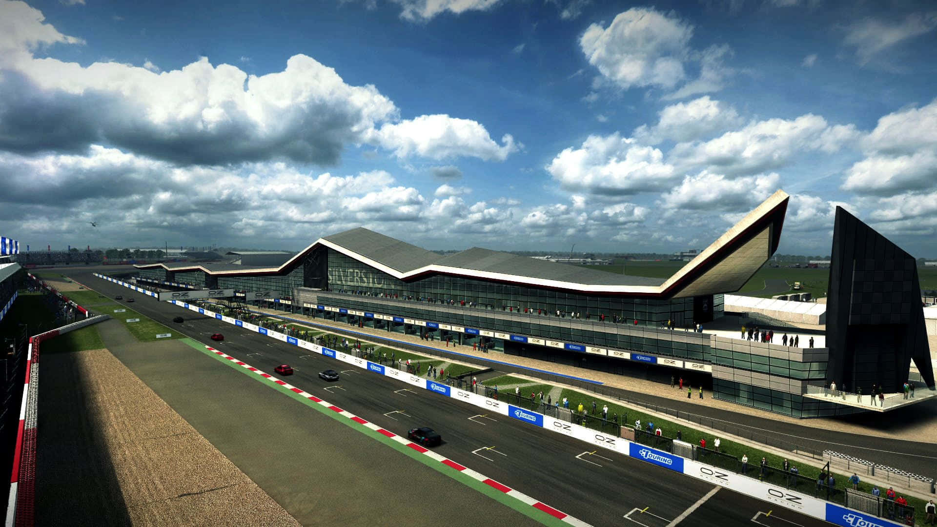 以1080p Grid Autosport衝向勝利 壁紙 — 現代賽道，配以時尚玻璃看台，在戲劇性的多雲天空下，賽車在瀝青路面上飛馳。