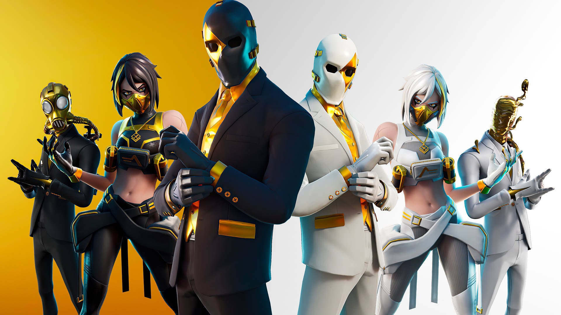 六個Fortnite角色，身穿時尚西裝和面具，在黃白背景前擺姿勢。