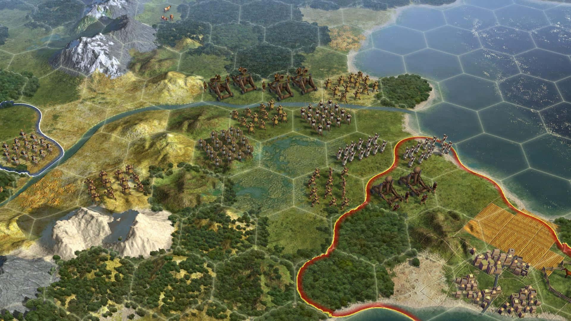 戰略戰鬥地圖，軍隊在沿海村莊附近的多樣地形中移動。