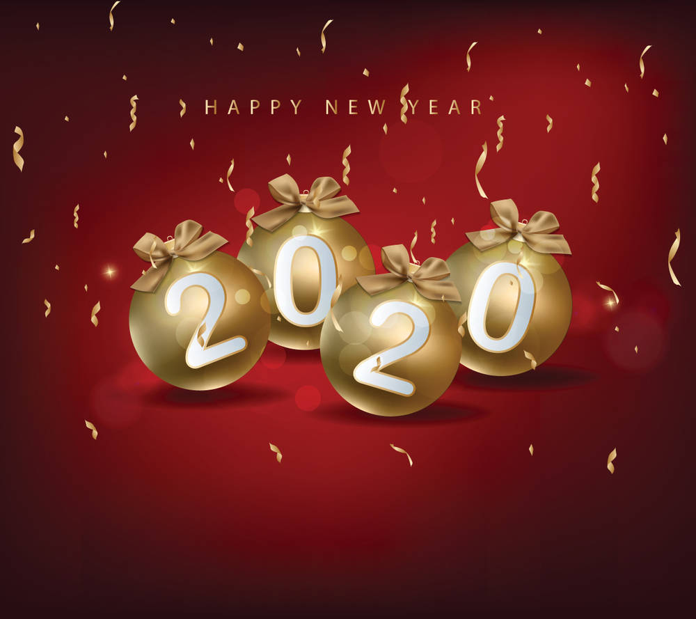 金色2020年裝飾品，帶有蝴蝶結和五彩紙屑，紅色背景，用於新年慶祝。