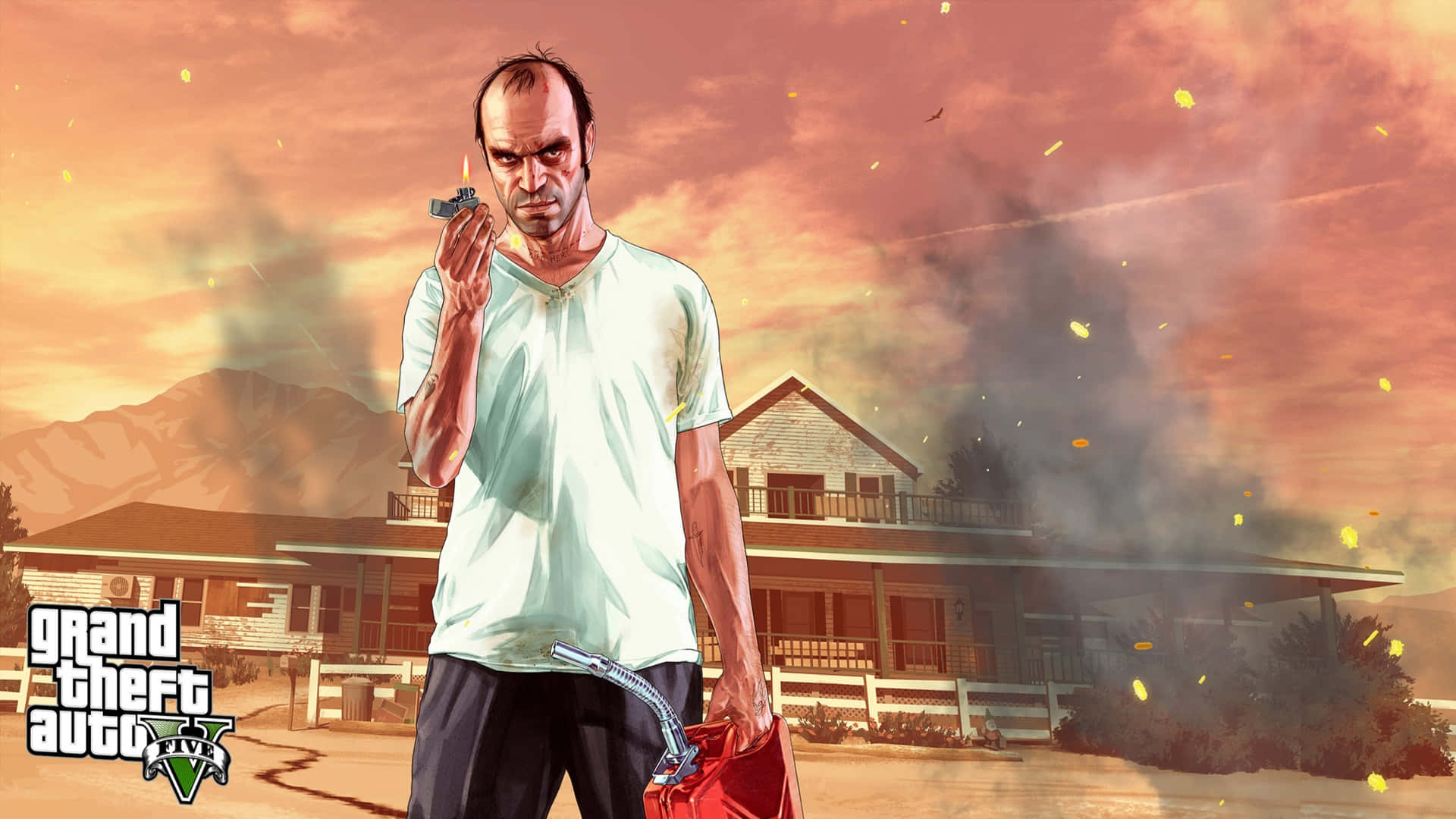 GTA角色在黃昏時分手持槍支和汽油罐靠近燃燒的房子。
