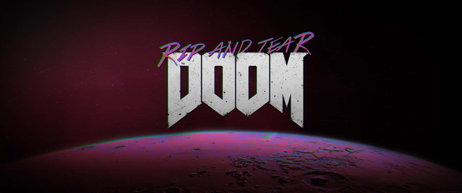 遊戲標誌 'DOOM' 上方有 'RIP AND TEAR'，位於紫色外星行星之上。