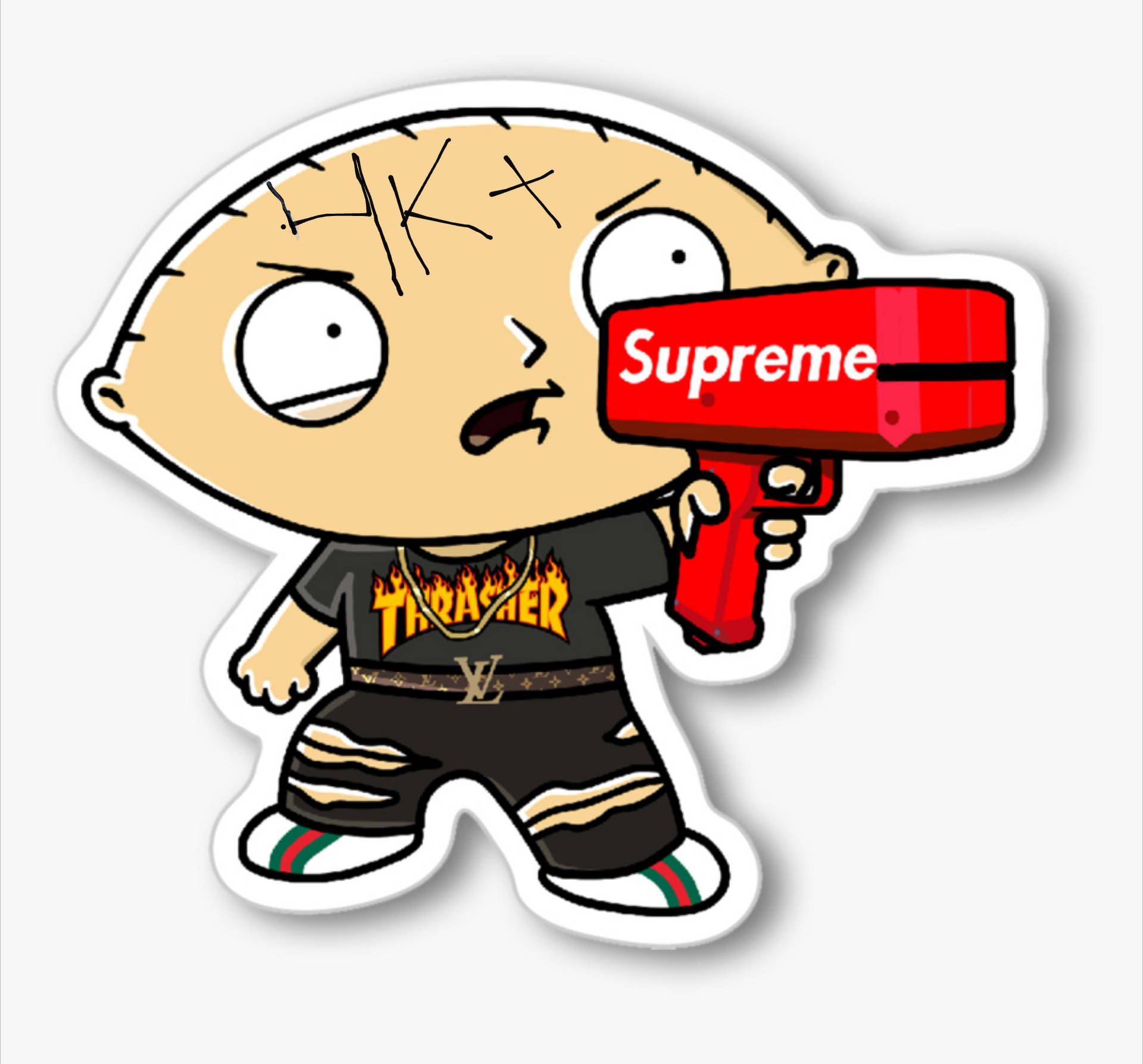 卡通角色 Stewie Griffin 手持紅色 Supreme 手槍，穿著街頭服飾。