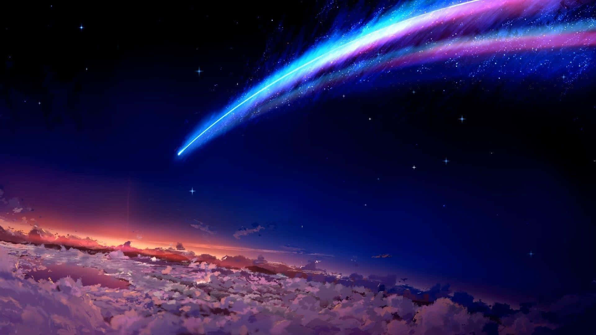 一顆發光的彗星在暮色中劃過星空，越過色彩斑斕的雲層。