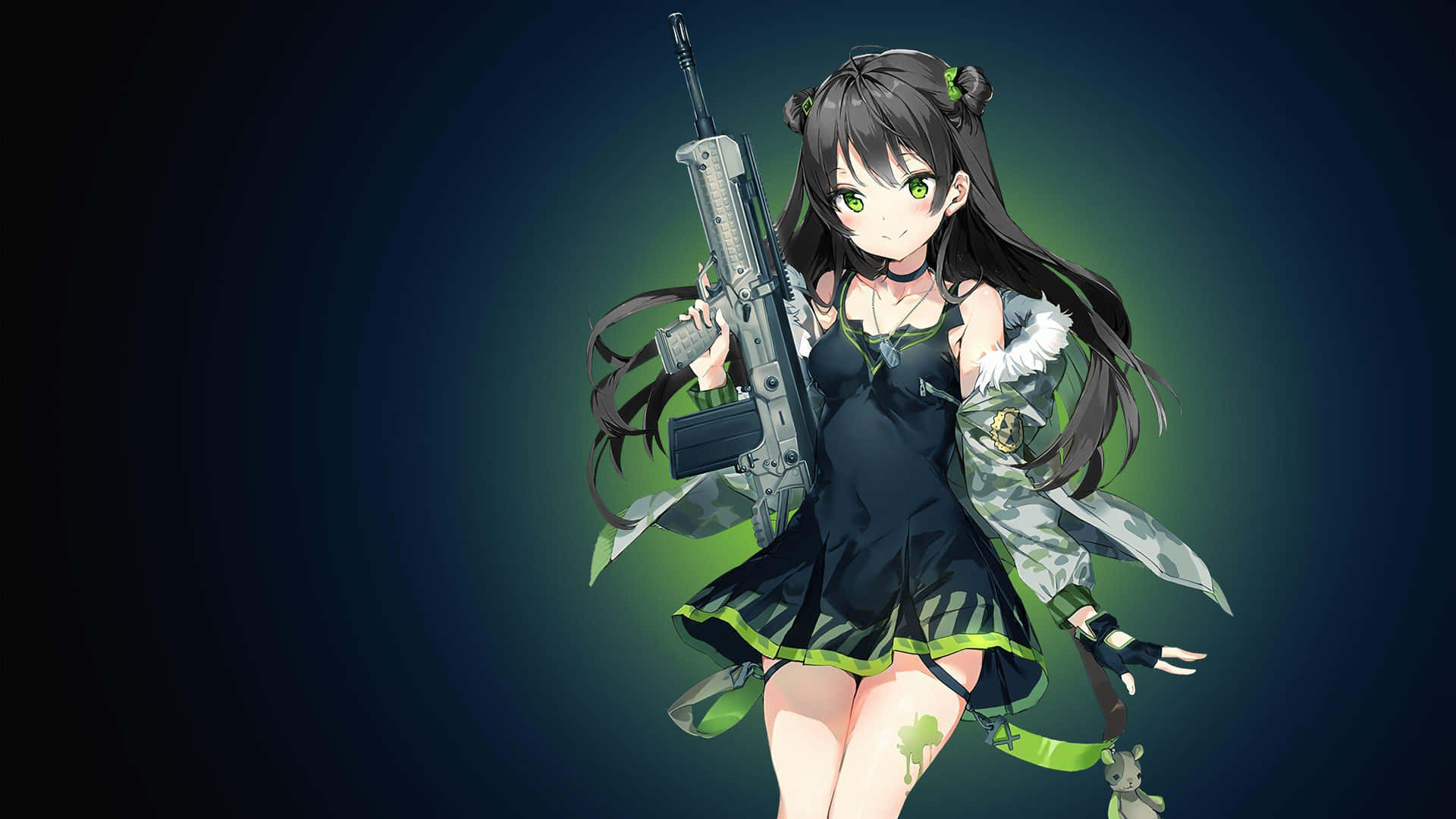 身著軍裝的動漫女孩手持步槍，眼睛發出綠光。