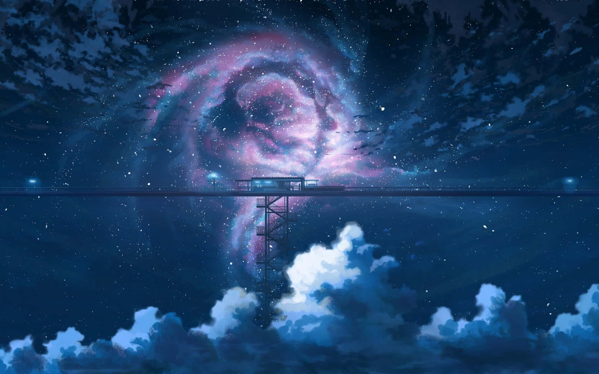 碼頭延伸到水中，上方是充滿活力的星系天空，鳥兒在飛翔。