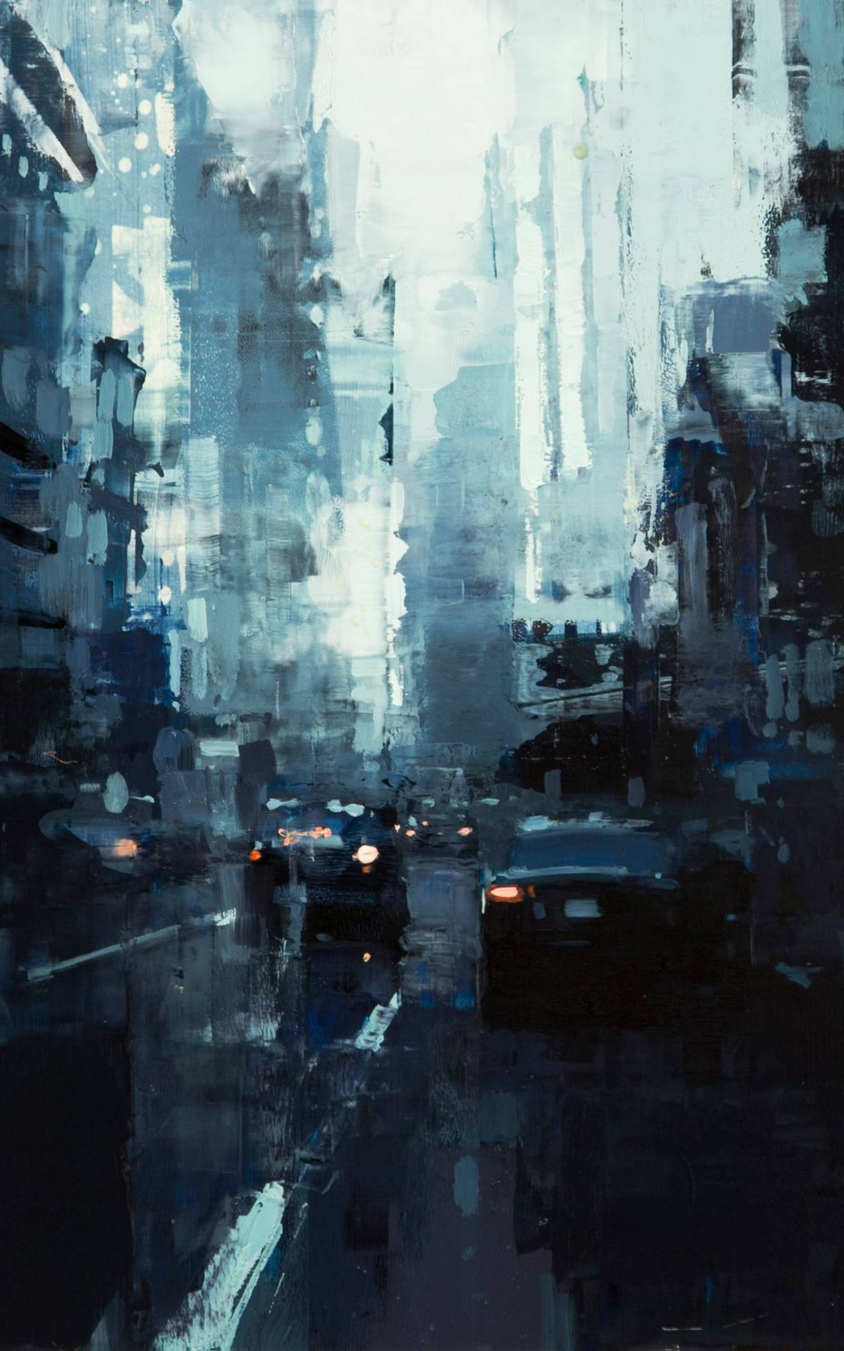 夜晚雨街的抽象畫，帶有模糊的車燈。