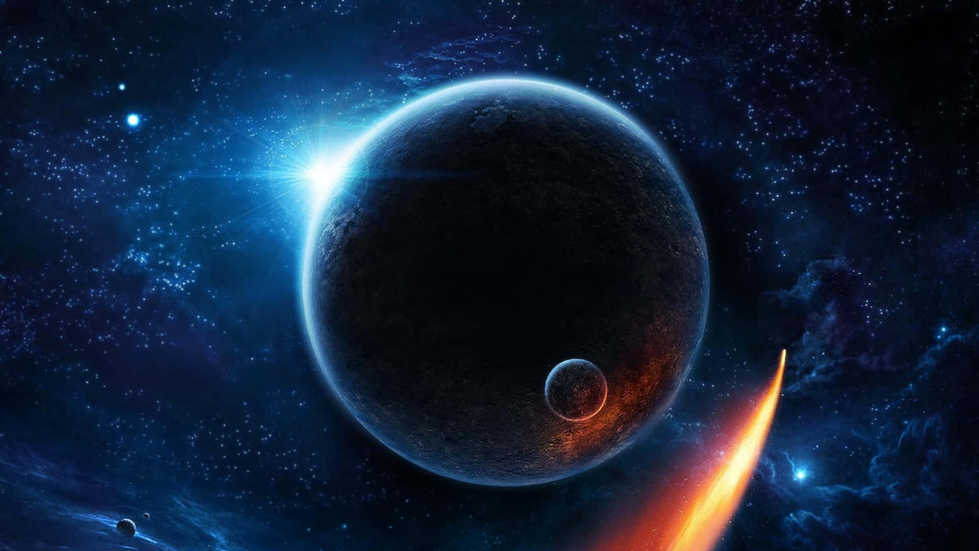 一枚火箭飛過一顆巨大的黑暗行星，行星帶有發光的藍色邊緣，背景是星光燦爛的宇宙。