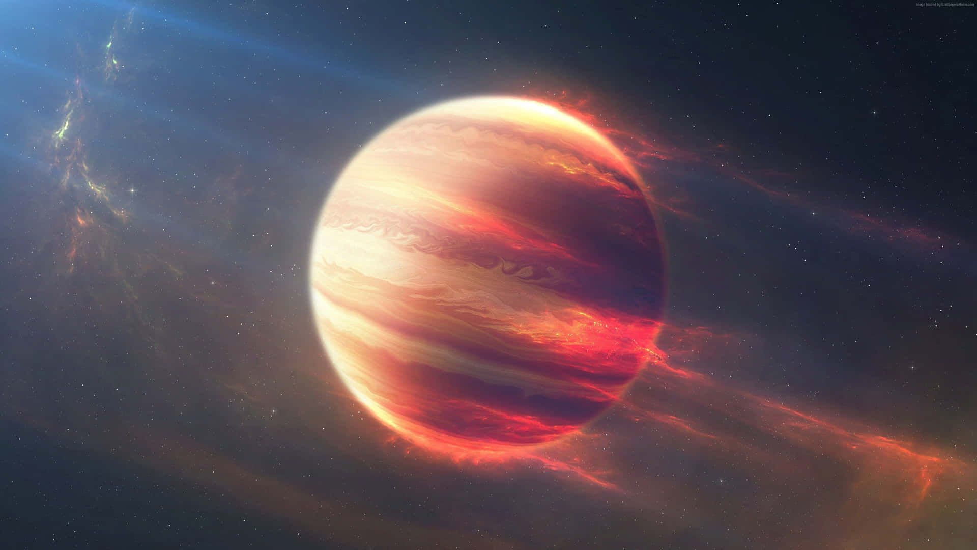 火紅和橙色的氣體巨星行星，帶有旋轉的雲層，在星光燦爛的宇宙場景中。