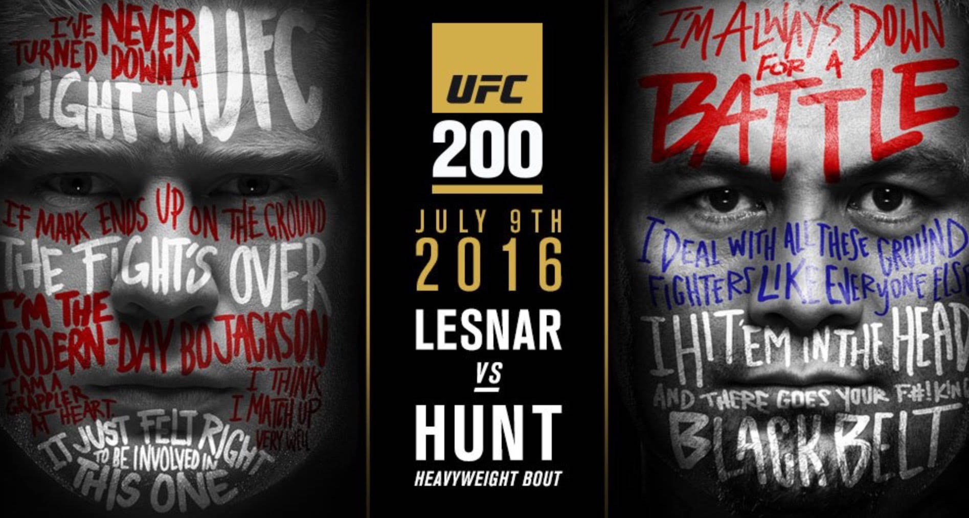 UFC 200海報，包含戰士語錄和活動詳情。