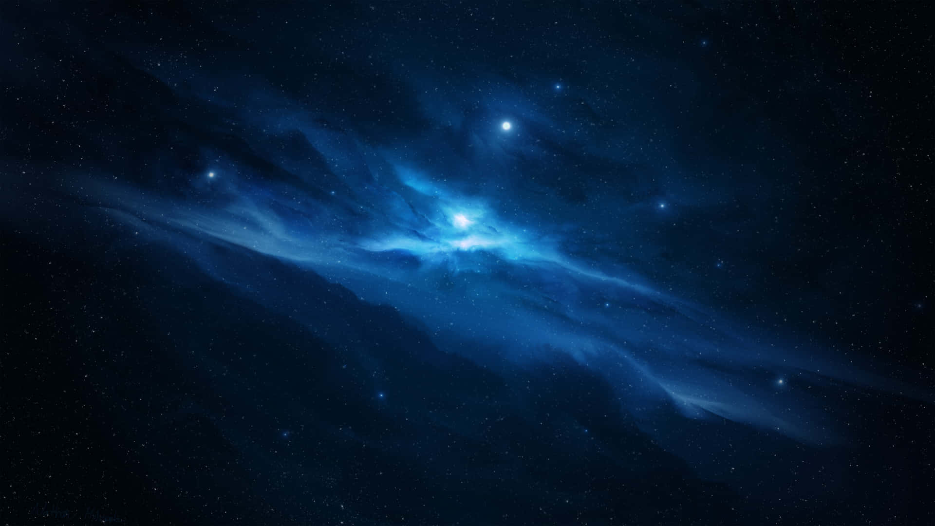 在深空中被星星包圍的發光藍色星雲。