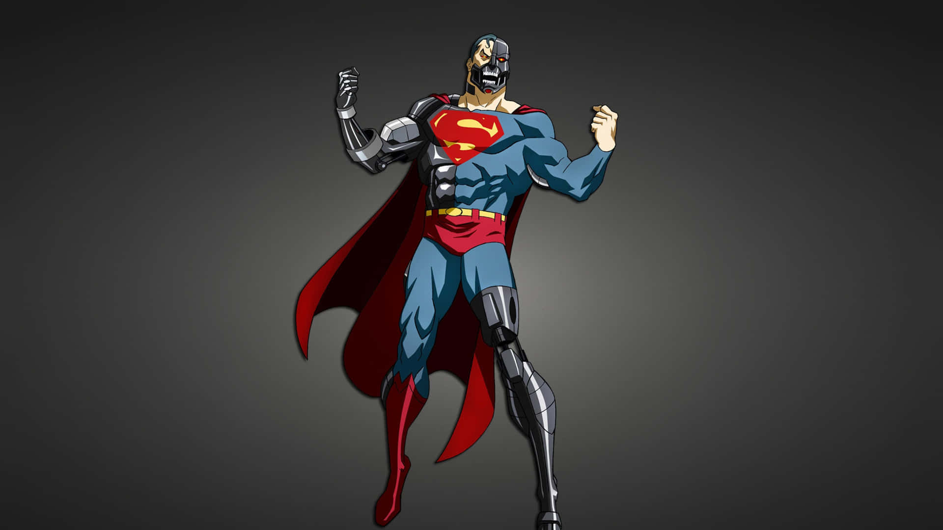 Cyborg Superman 眼睛發光，機械肢體，擺出英雄姿勢。