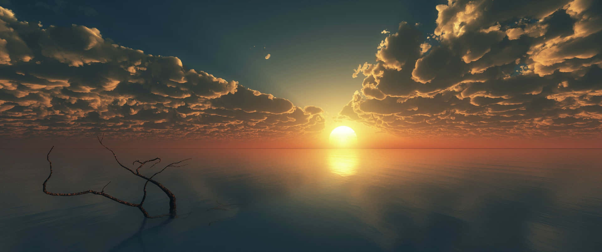 水面上的日落，前景有一條樹枝和金色雲層。