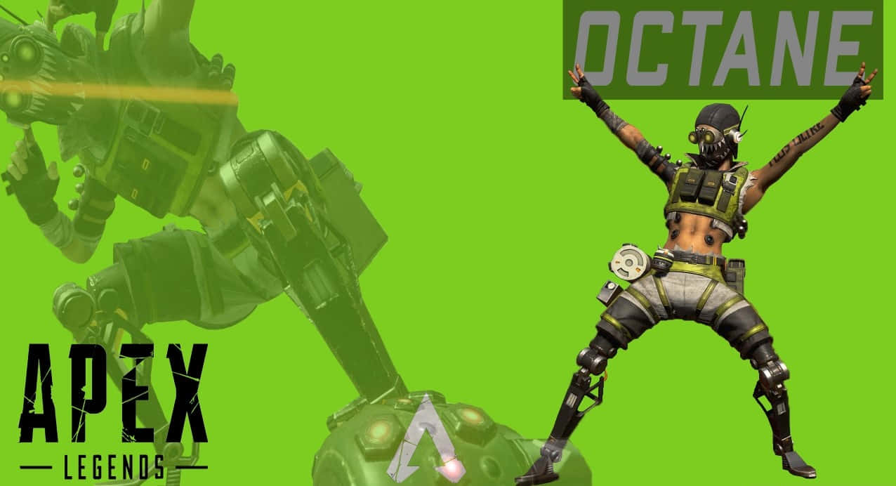 以720p《Apex英雄》戰鬥至巔峰 壁紙 — 一位勝利的Apex Legends角色Octane在充滿活力的綠色背景前高舉雙臂擺姿勢，背景中有一個機甲剪影。