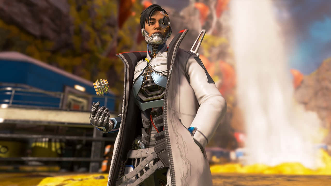 以720p畫質擊倒對手《Apex英雄》 壁紙 — 一個穿著白袍的機械角色自信地站立，手持手榴彈，背景充滿活力且熾熱。