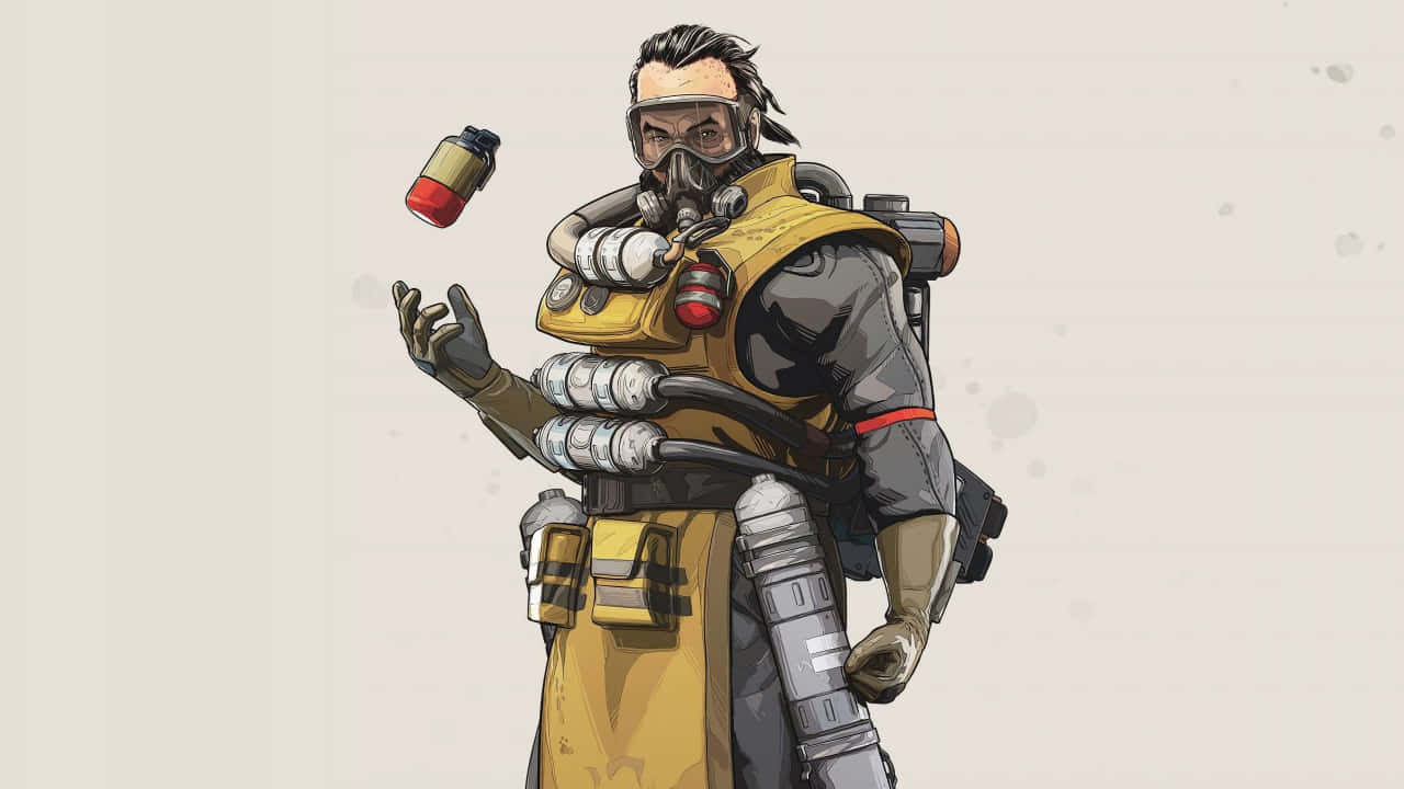 以720p畫質體驗《Apex英雄》的精彩戰鬥 壁紙 — 一個風格化的插圖角色穿著黃色和灰色的防護服，在純米白色背景前拋接一個紅色和黃色的罐子。