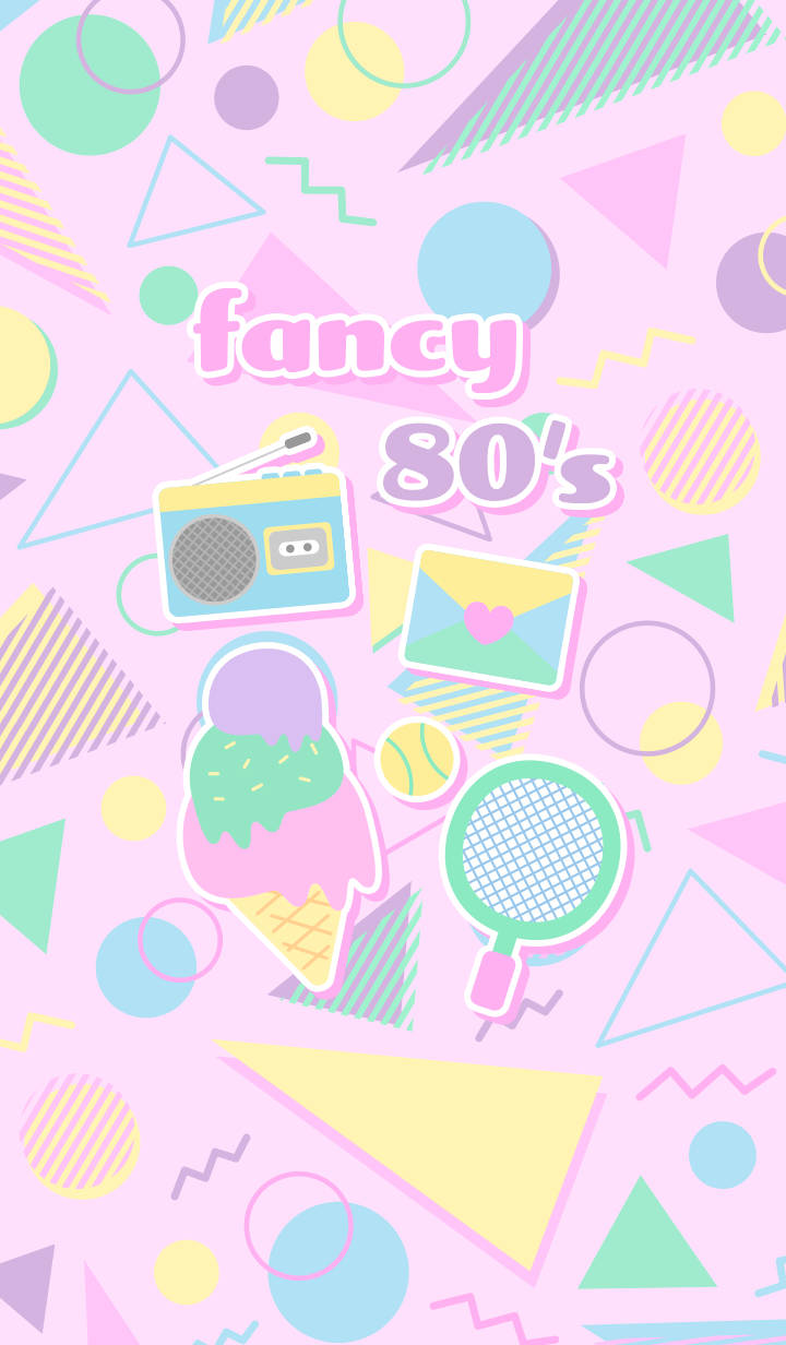 別緻的80年代壁紙，帶有粉彩形狀和復古圖標，如手提音箱和冰淇淋。