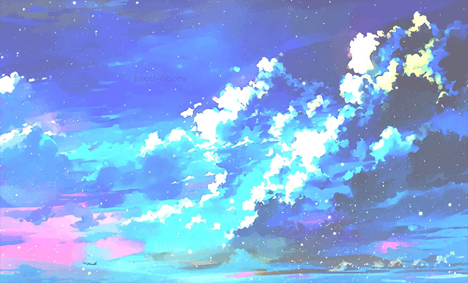 在動畫風格的繁星暮色天空下，鮮豔的藍色和粉紅色雲彩閃閃發光。