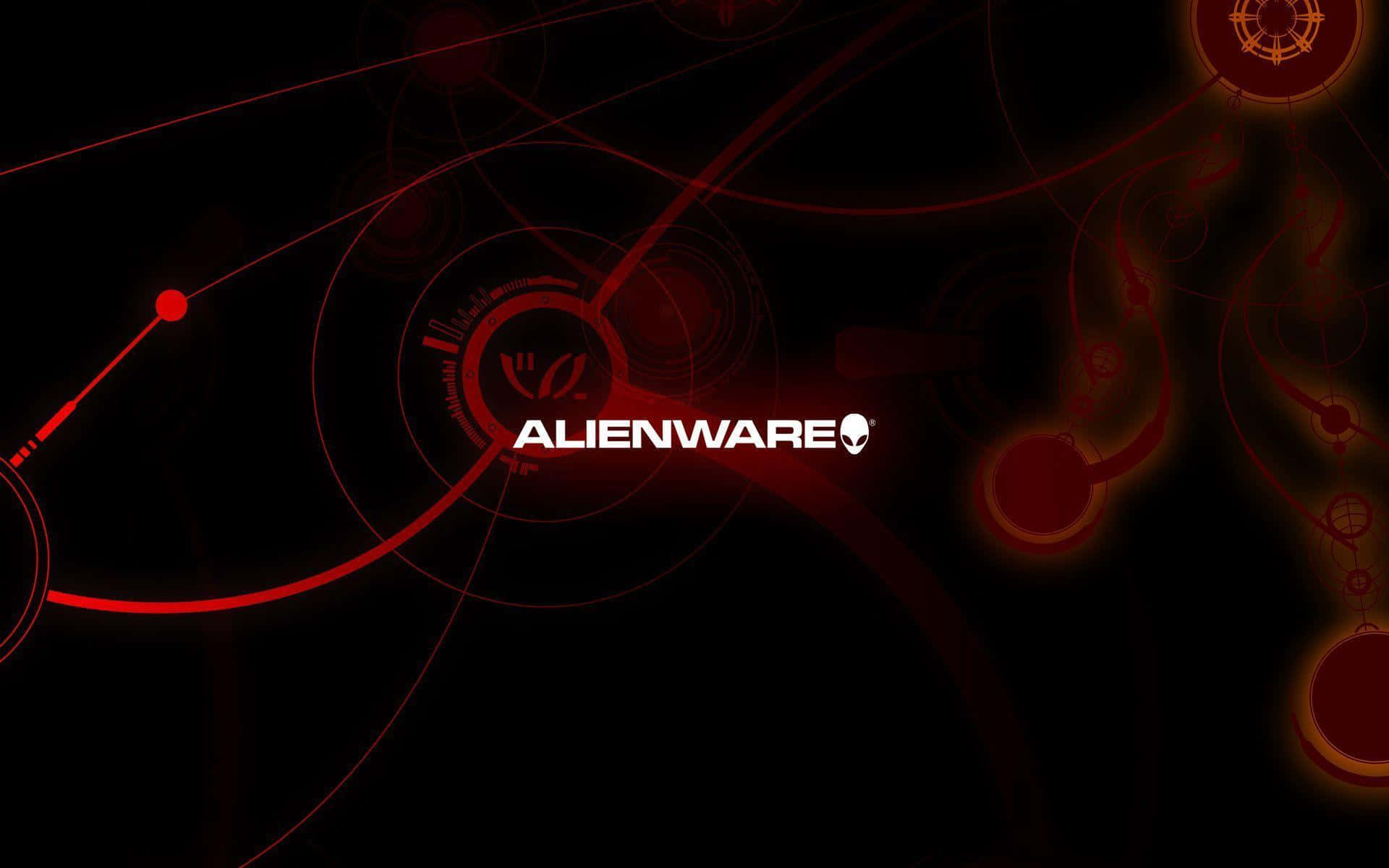 Alienware 標誌在黑色背景上帶有發光的紅色科技線條