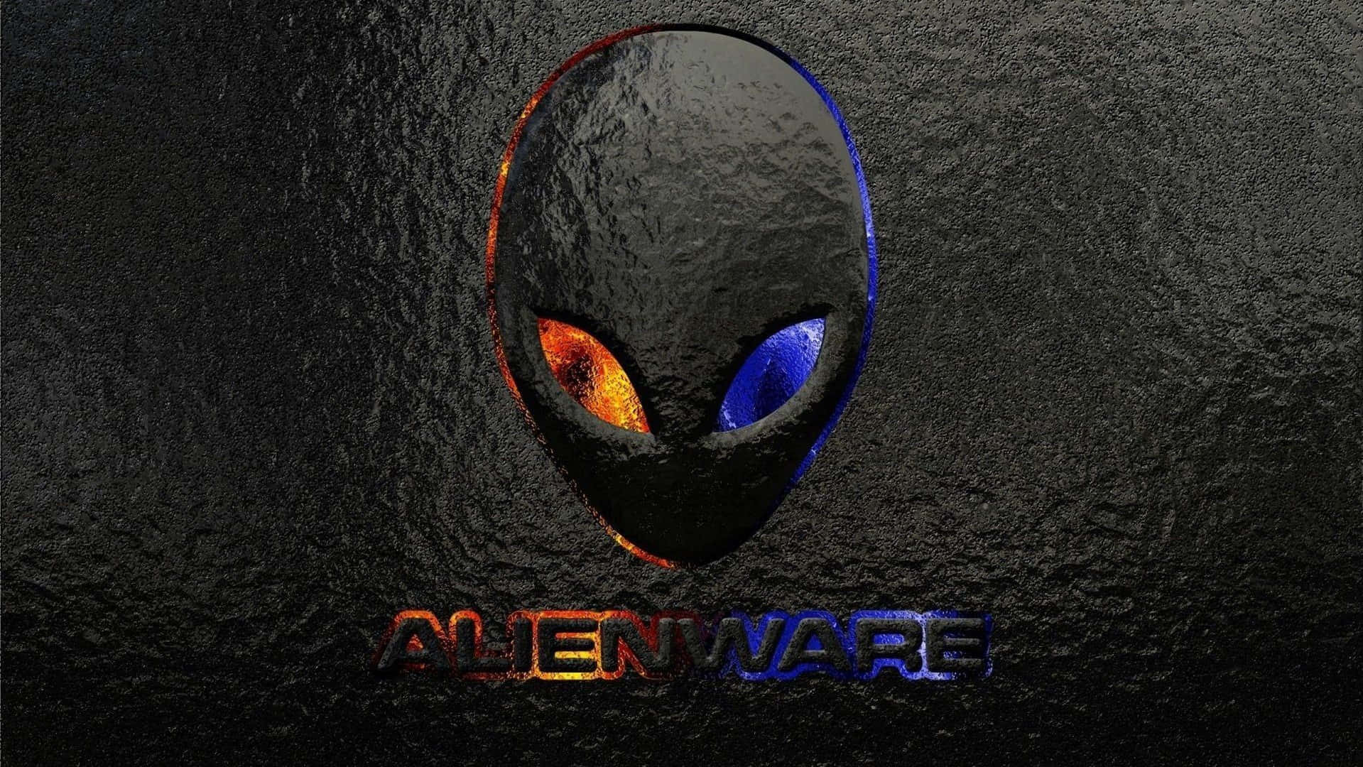 Alienware 標誌，在紋理黑色背景上帶有發光的橙色和藍色眼睛。