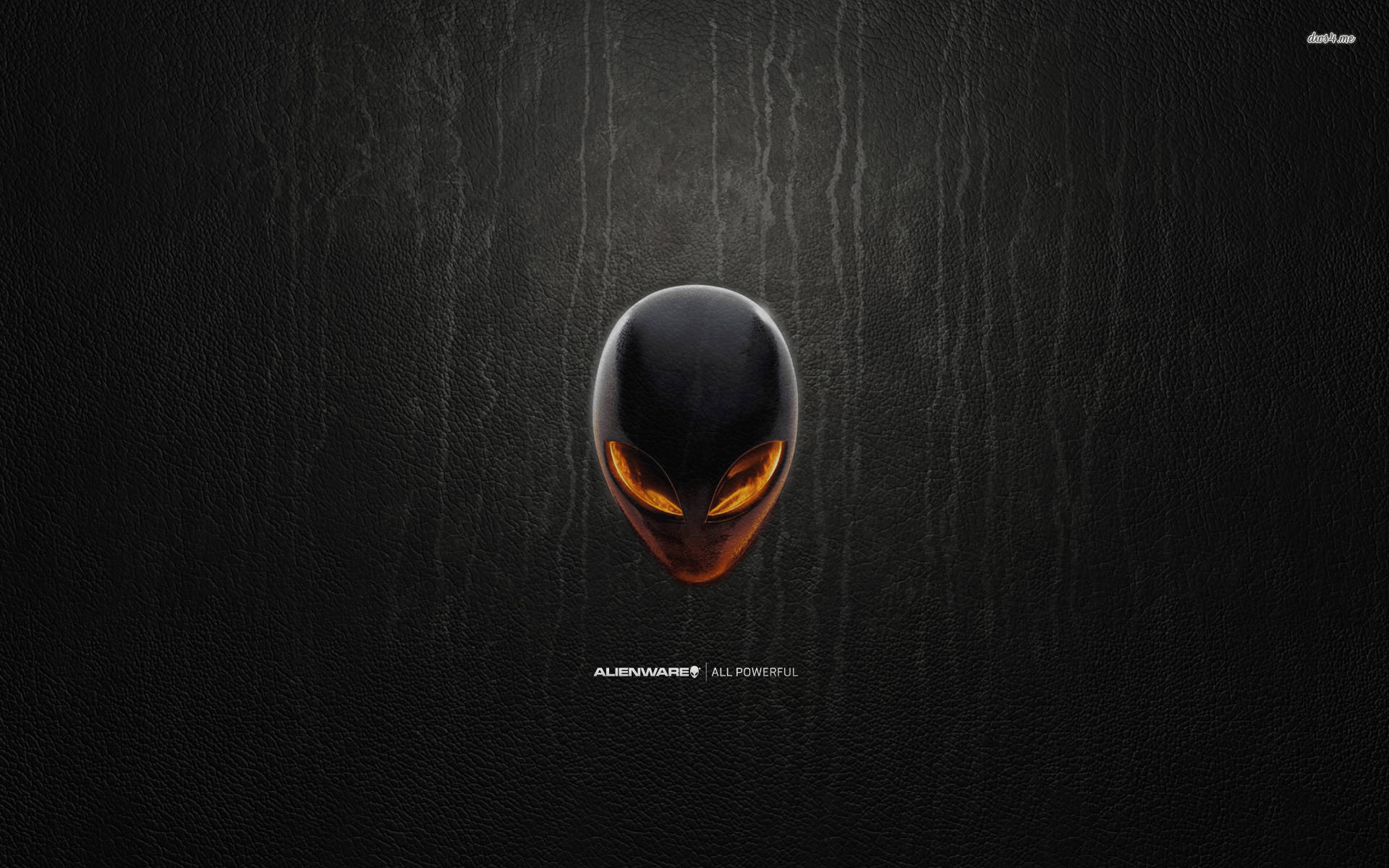 Alienware 標誌，帶有發光橙色眼睛，位於黑色皮革紋理上。