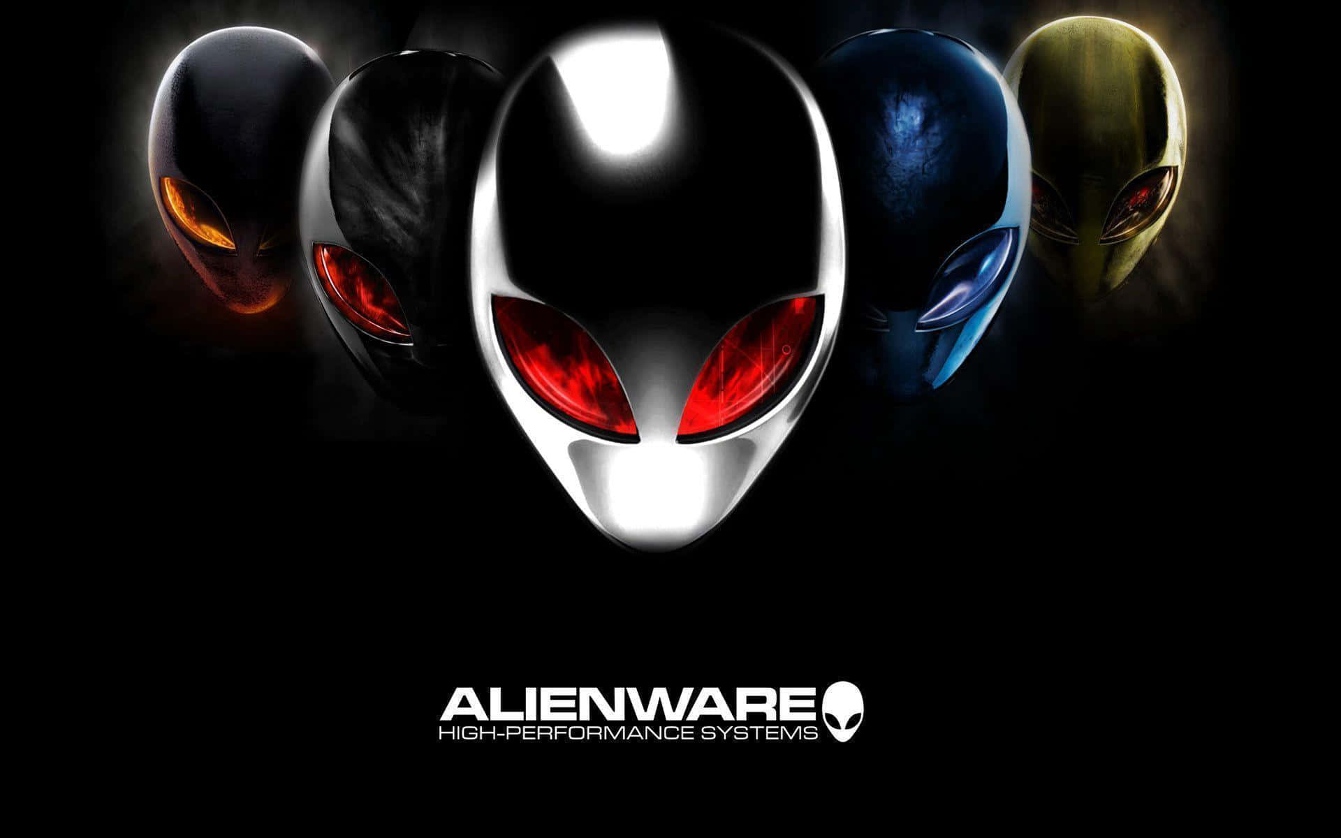 五個發光的外星人頭顱，紅色眼睛和Alienware標誌。