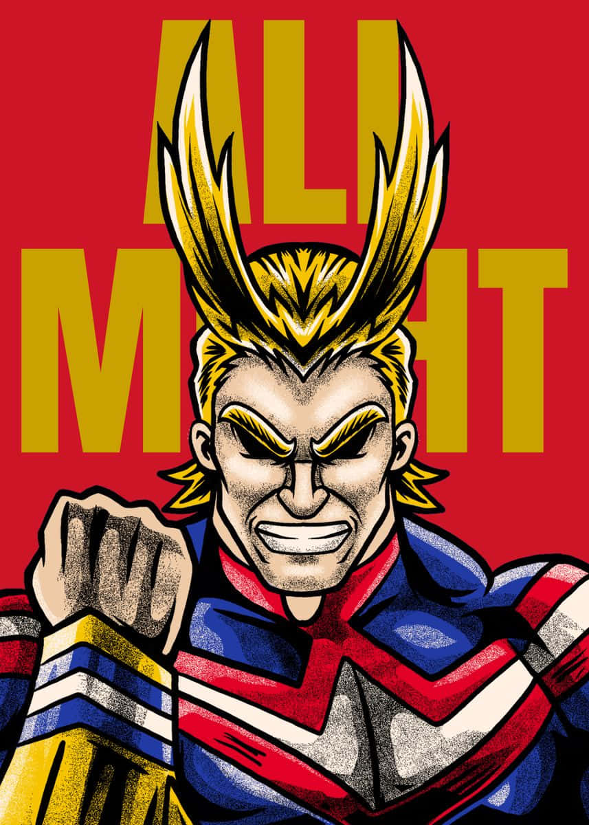 動漫超級英雄 All Might 身穿紅藍白套裝，有著尖刺金髮和緊握的拳頭。