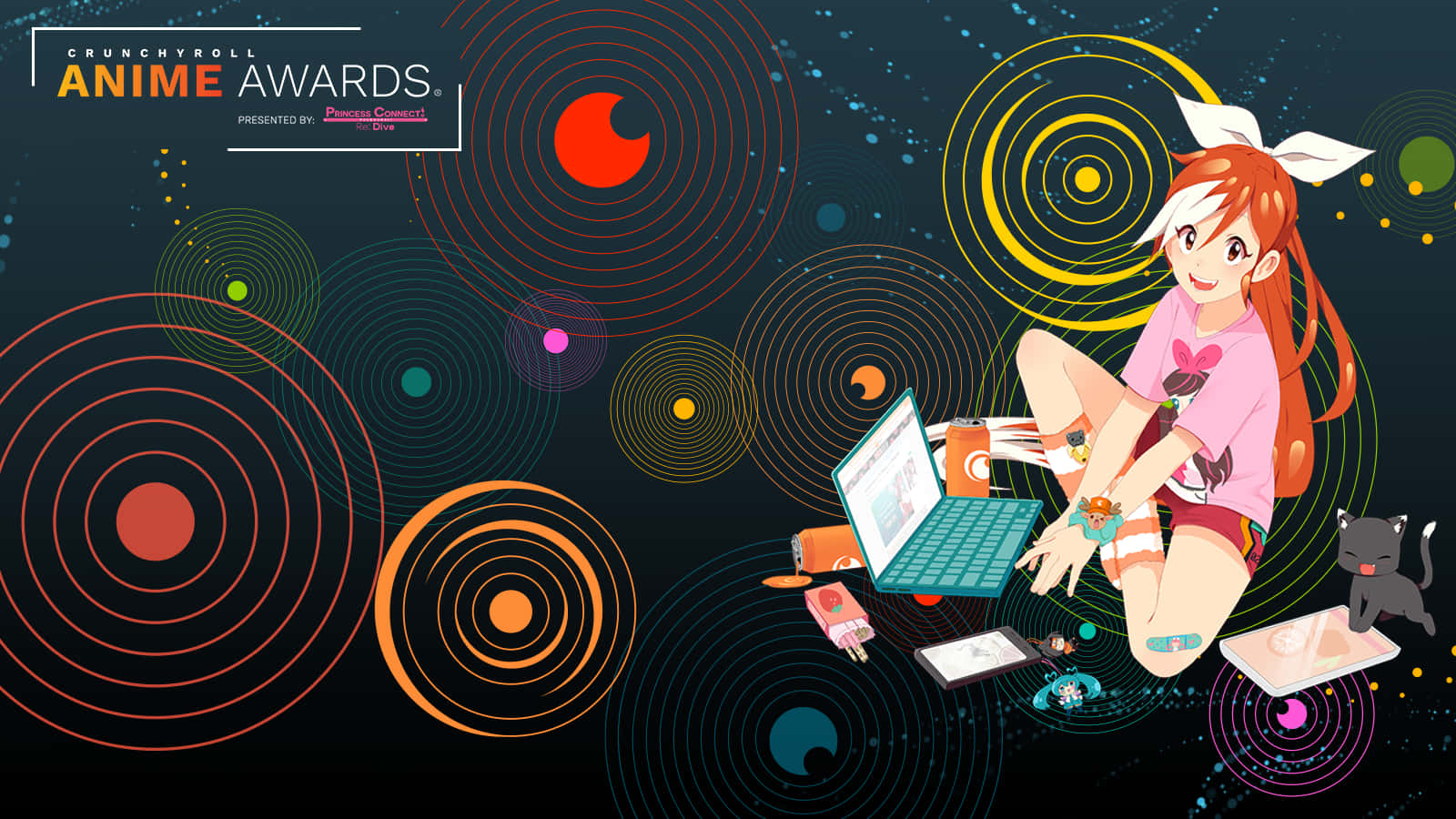 橙色頭髮的動漫女孩在 Crunchyroll Awards 上使用筆記型電腦，周圍是彩色圓圈。