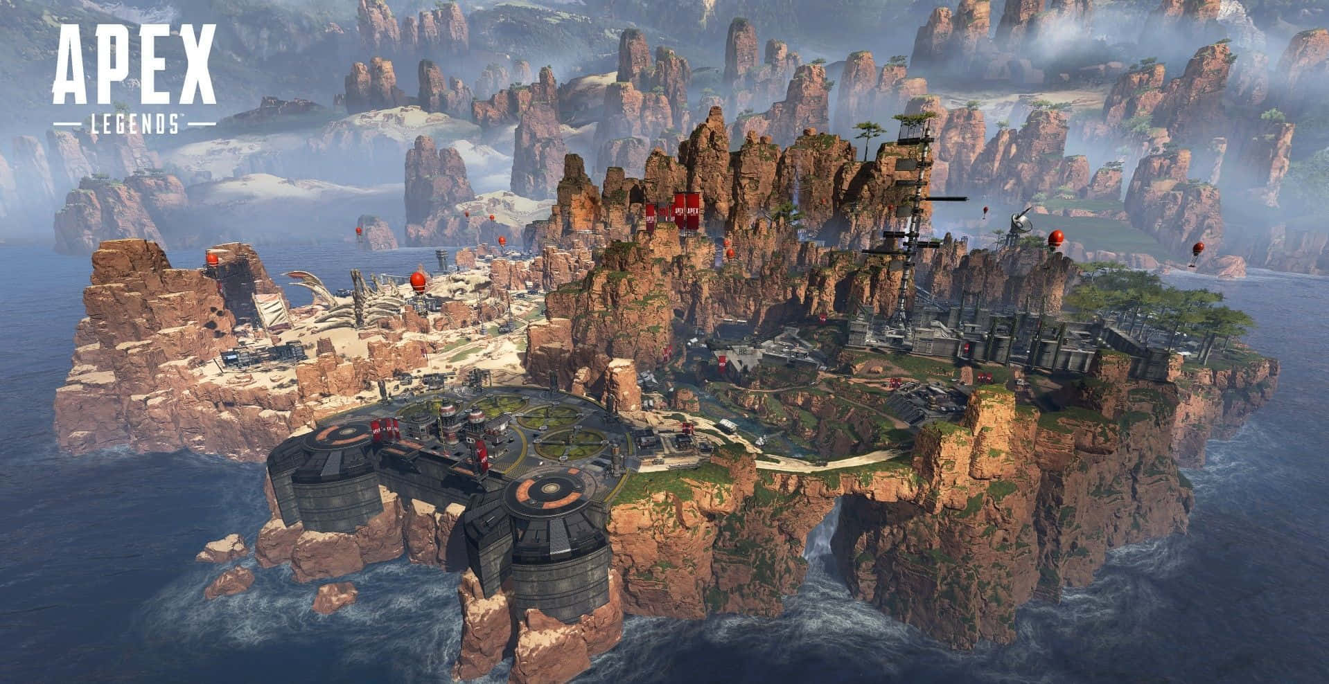 以Apex Legends征服競技場 壁紙 — Apex Legends 中的浮島堡壘，擁有鋸齒狀懸崖和從海浪中升起的未來主義建築。