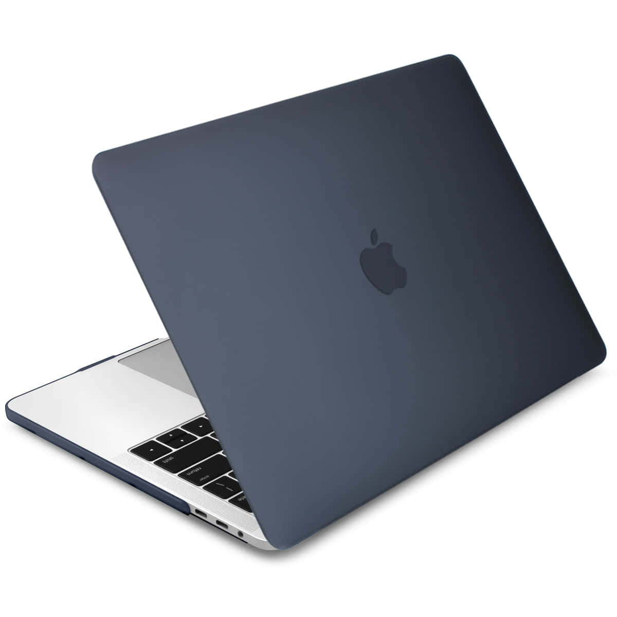 時尚的深藍色 MacBook，帶有銀色飾邊和黑色按鍵，置於白色背景上。