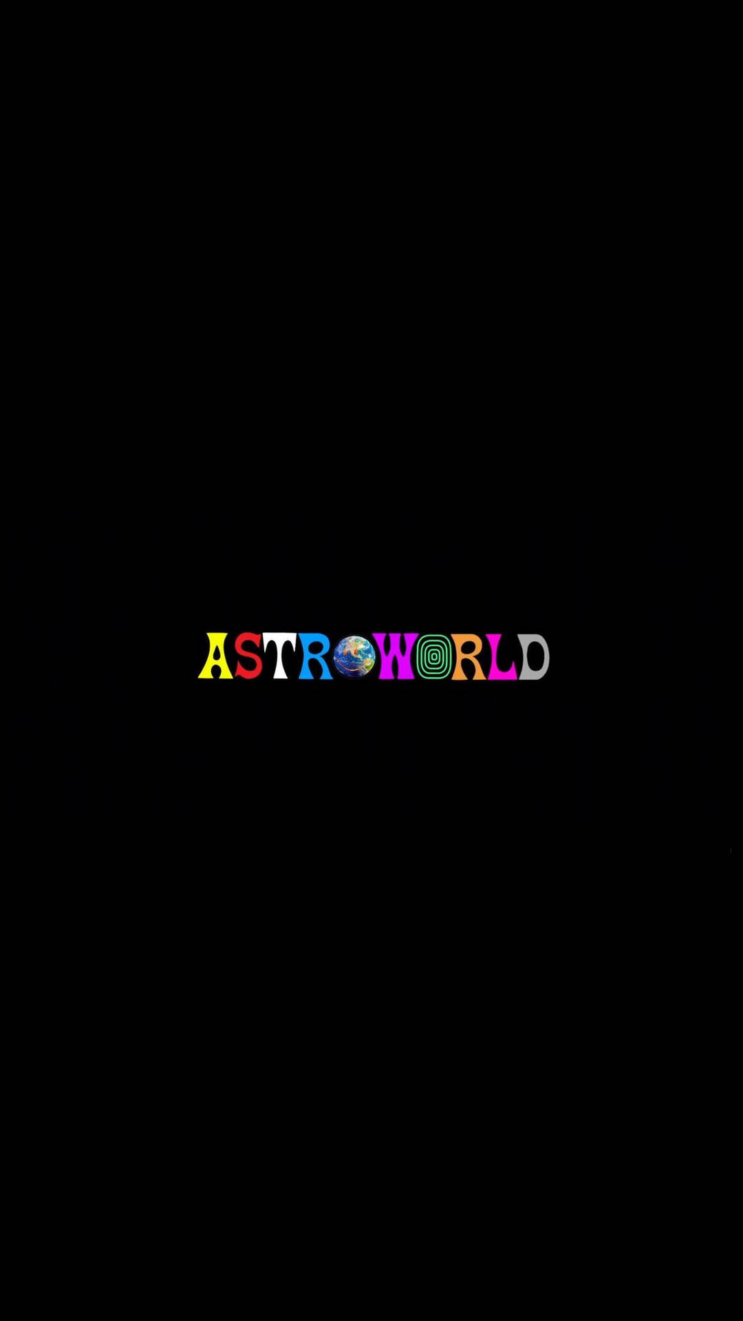 色彩繽紛的「ASTROWORLD」標誌，黑色背景上以地球儀取代 O