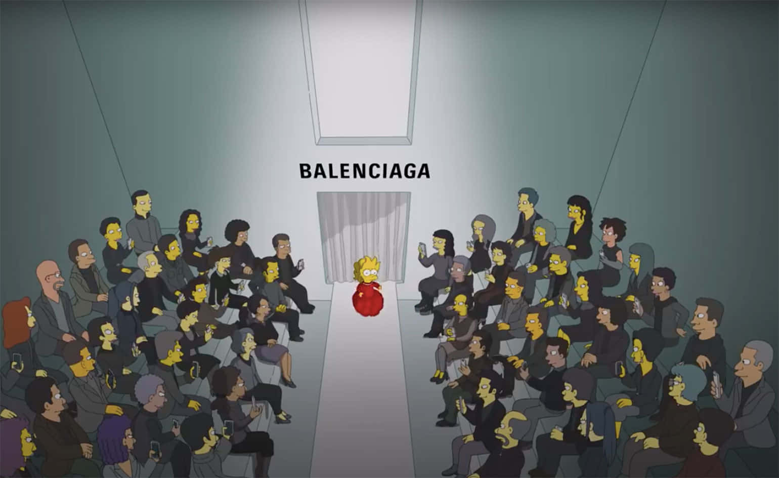 以Balenciaga彰顯時尚 壁紙 — 一個阿森一族角色喺『BALENCIAGA』標誌下著住紅色連身裙行天橋，而一班阿森一族角色嘅觀眾喺度睇緊。