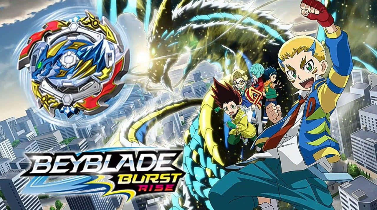 以Beyblade Burst將你的陀螺戰鬥提升至新境界 壁紙 — 動畫角色在城巿景觀上空旋轉戰鬥陀螺，並帶有發光的龍形能量效果。
