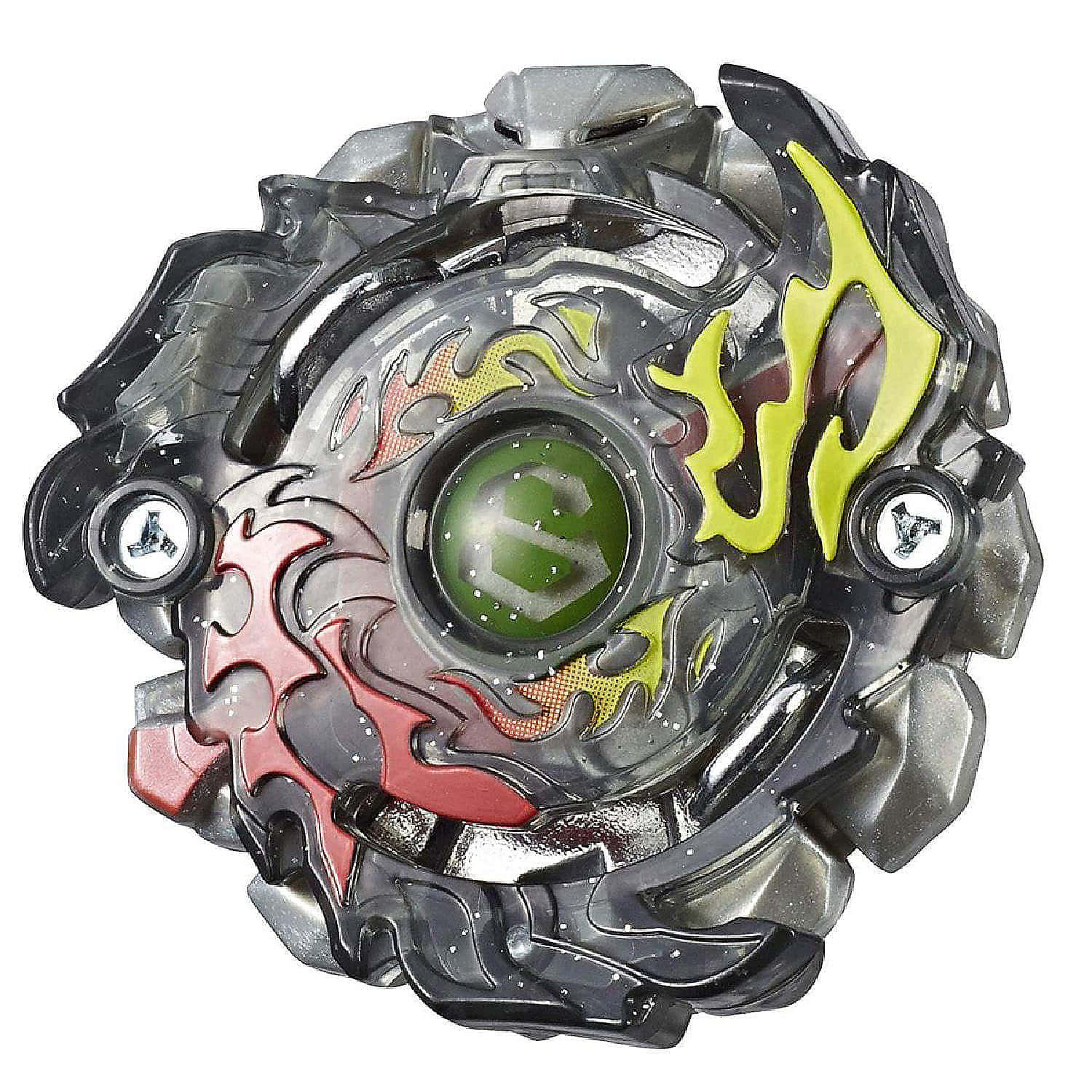 一個色彩繽紛的旋轉Beyblade玩具，帶有火焰圖案和綠色中心。