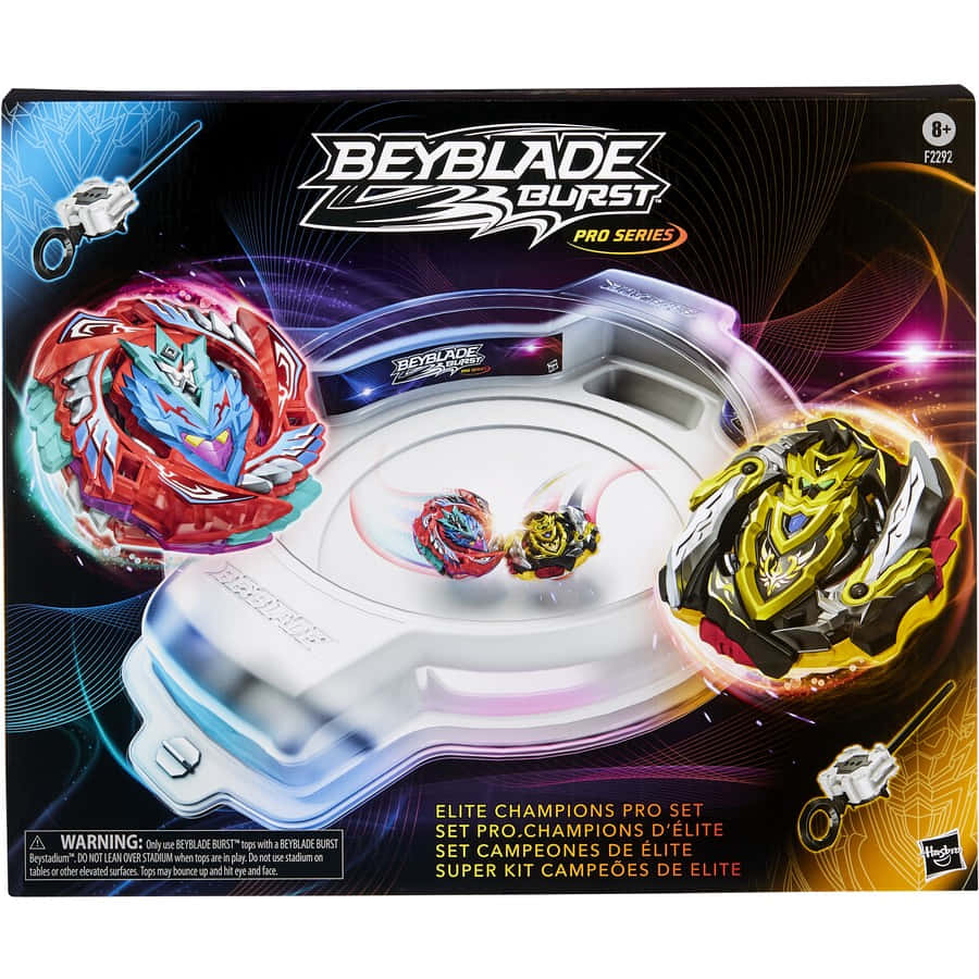 Beyblade陀螺在競技場上戰鬥，帶有發光能量效果。