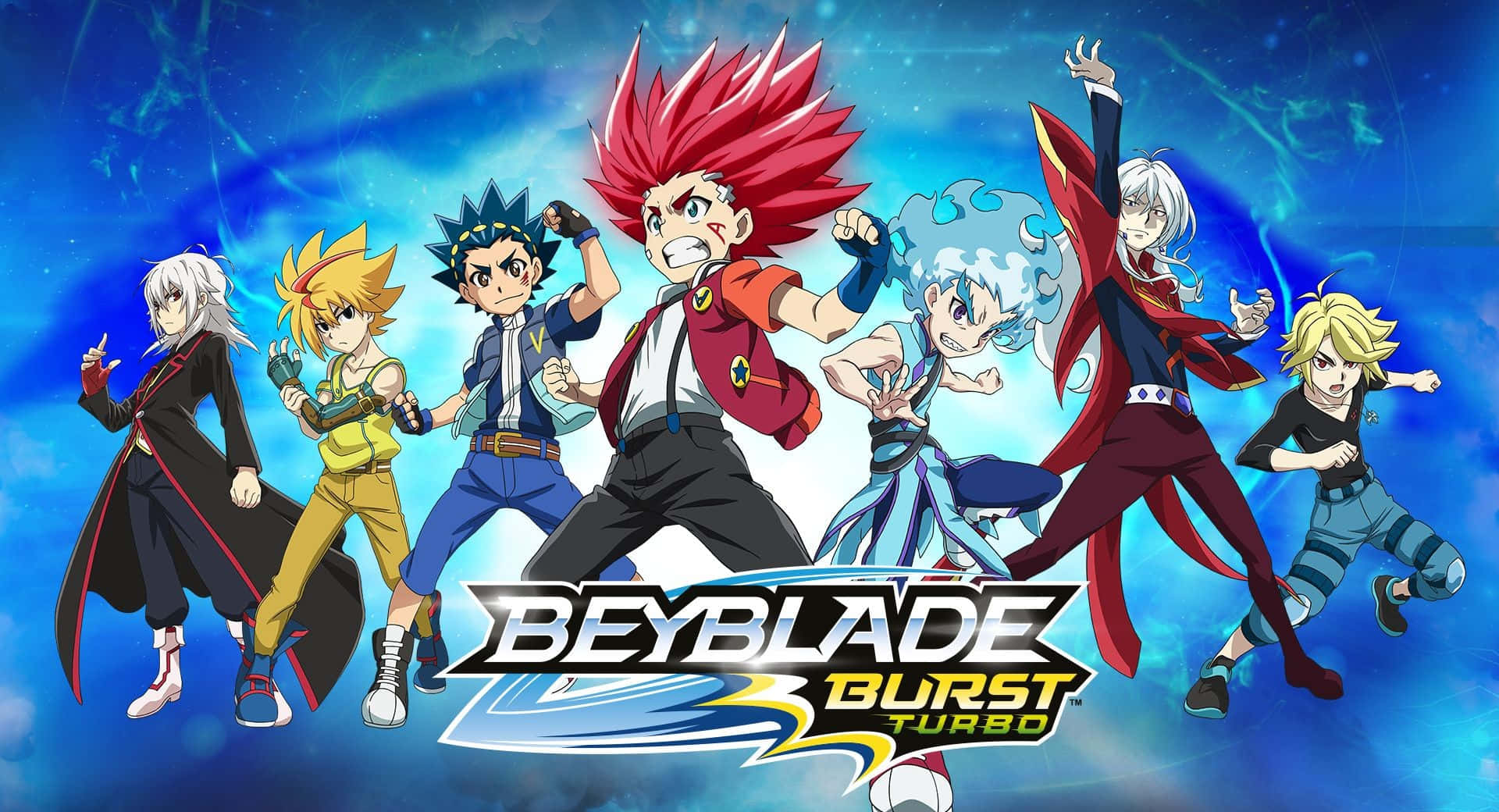 以Beyblade Burst革新你的下場戰鬥！ 壁紙 — 七個動漫角色在發光的藍色宇宙背景前擺出動態戰鬥姿勢，並帶有Beyblade Burst Turbo標誌。