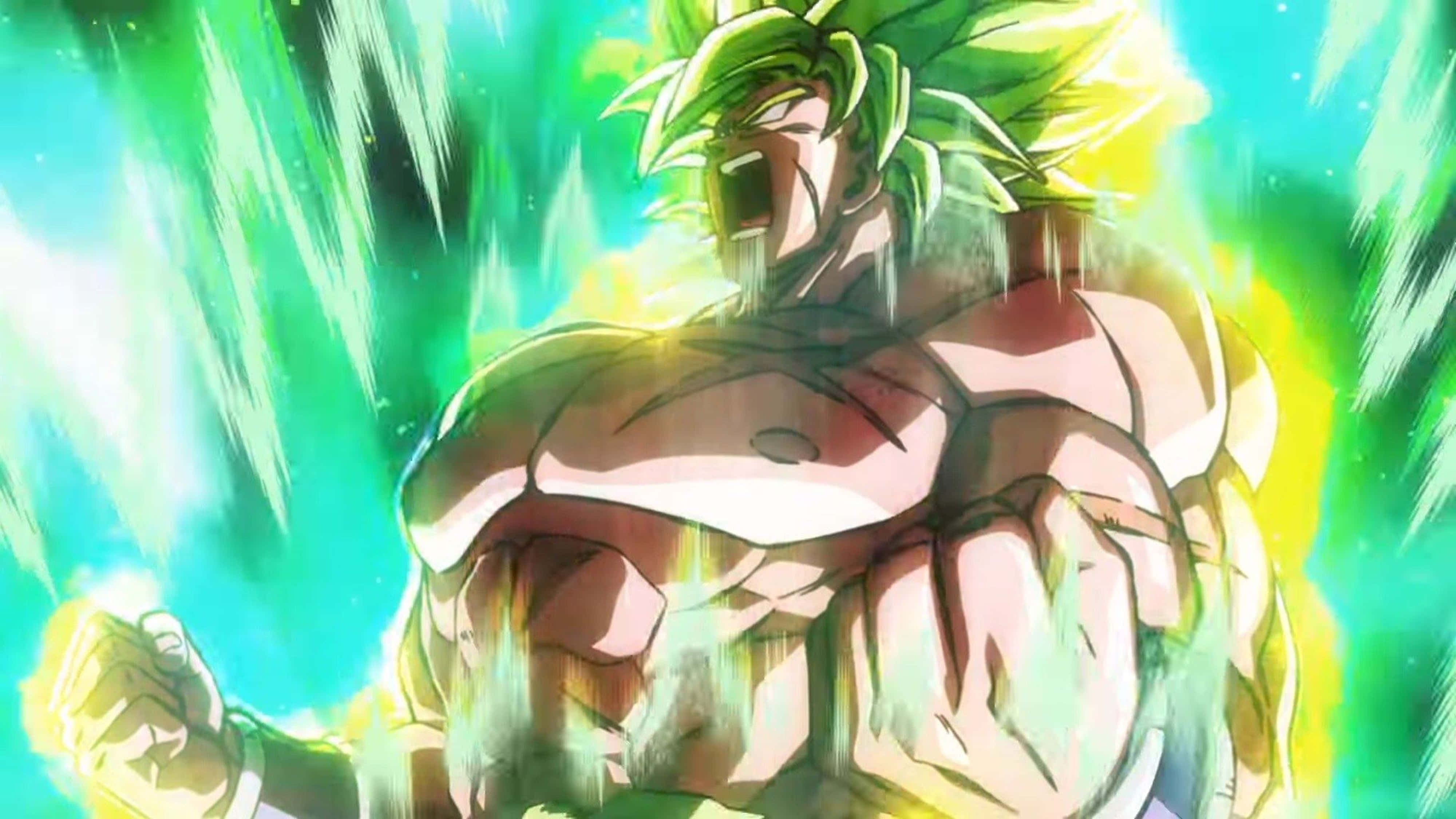 以Broly 4K釋放您的戰士本色 壁紙 — 一個肌肉發達、綠髮的動漫戰士在動態背景中，伴隨著綠色和黃色能量的爆發咆哮。