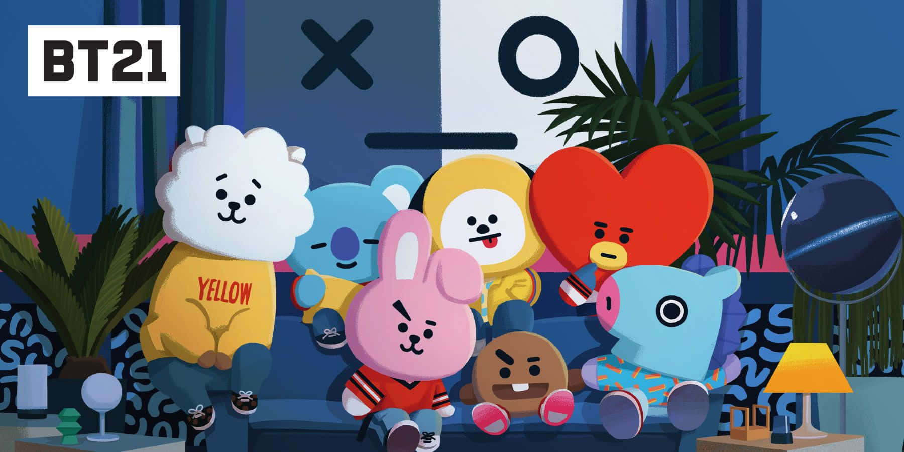 BT21卡通角色一起坐在一個有植物和一盞燈的房間裡。