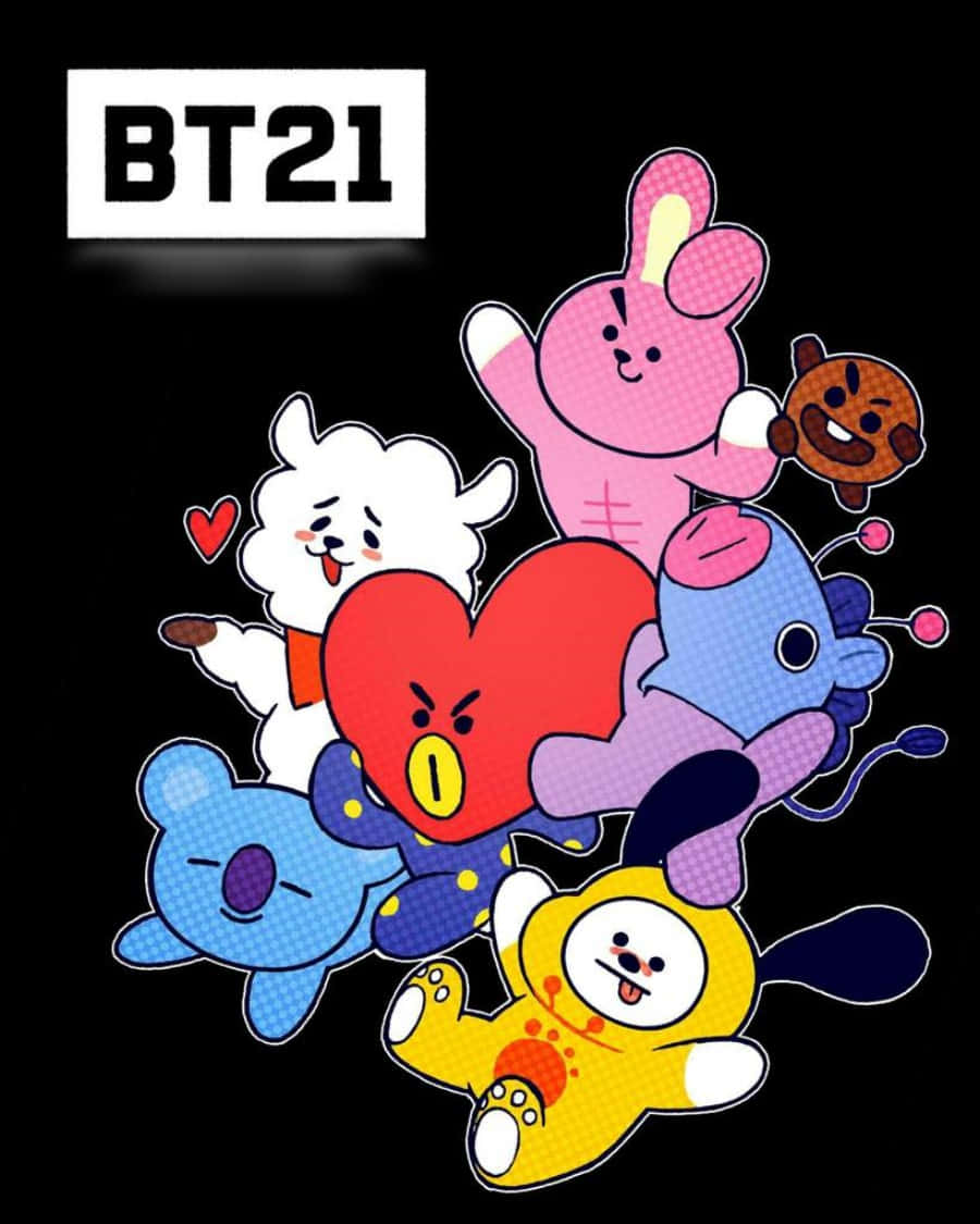 BT21角色聚集在黑色背景上的紅色心形周圍。
