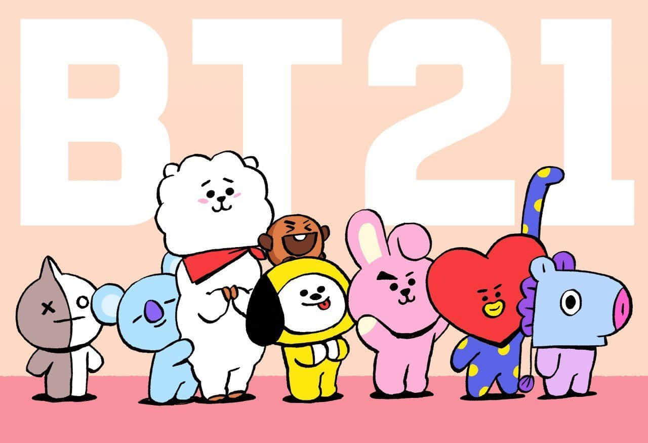七個BT21卡通人物在粉紅色地板上排成一排，身後有白色BT21文字。