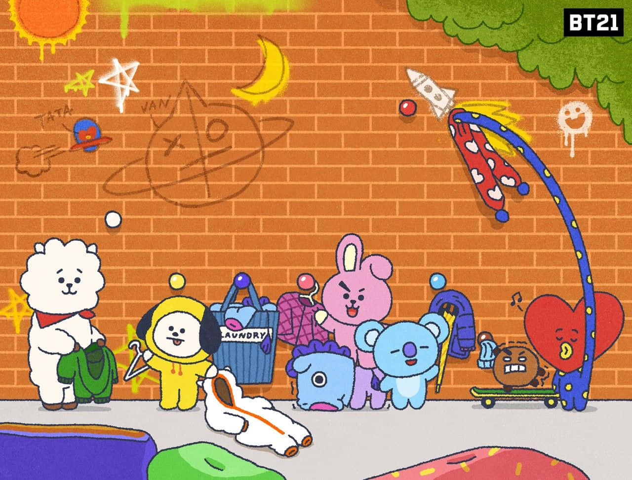 BT21卡通角色在磚牆前玩太空塗鴉和洗衣。