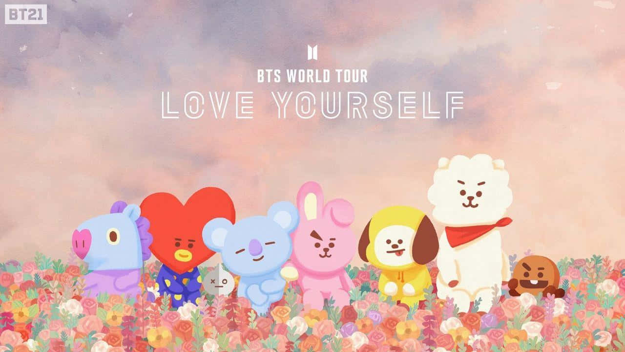 BT21角色在花田中，天空柔和，附有巡演文字。