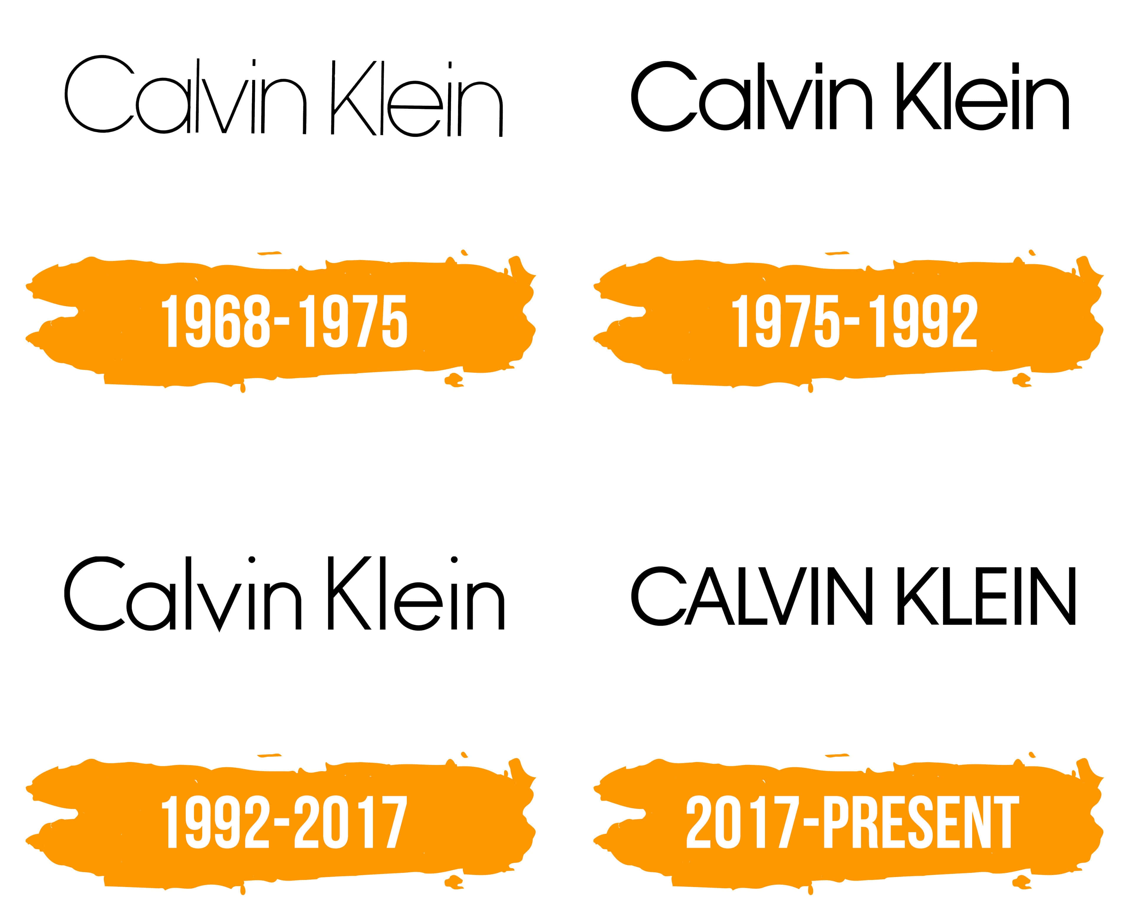 以Calvin Klein表達你的風格 壁紙 — 四個Calvin Klein標誌演變，以橙色筆觸日期標籤顯示在白色背景上。