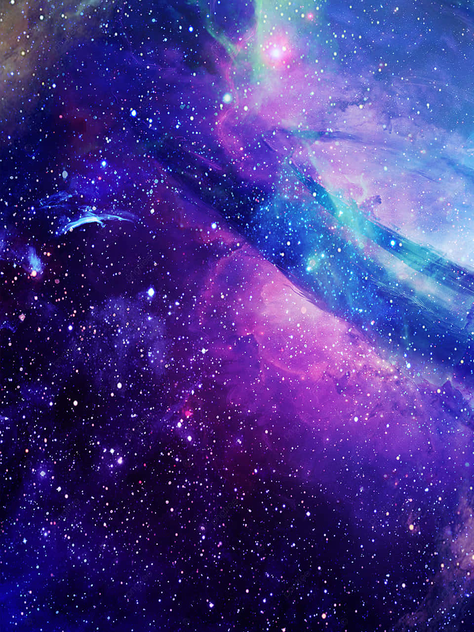 在深空中閃爍星星的充滿活力的紫色、藍色和藍綠色星雲。