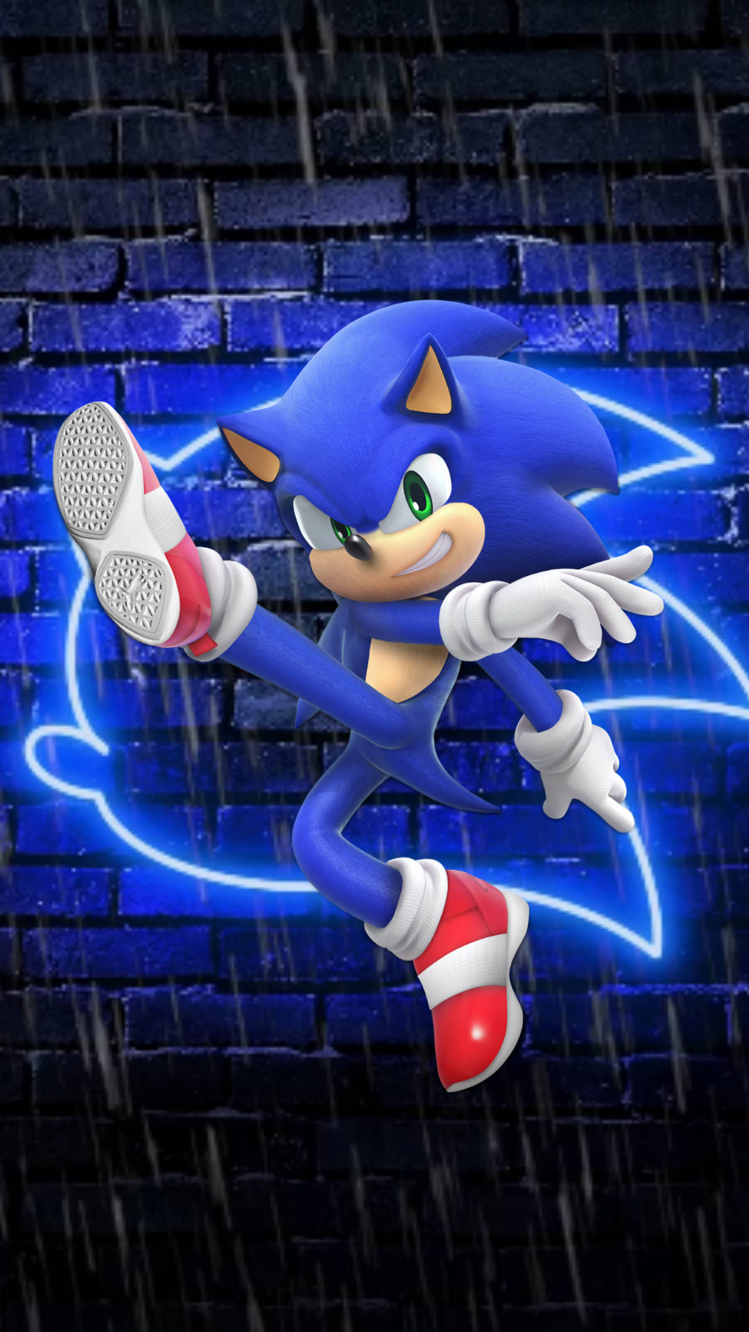 Sonic the Hedgehog 在雨中跑向一面發光的磚牆。